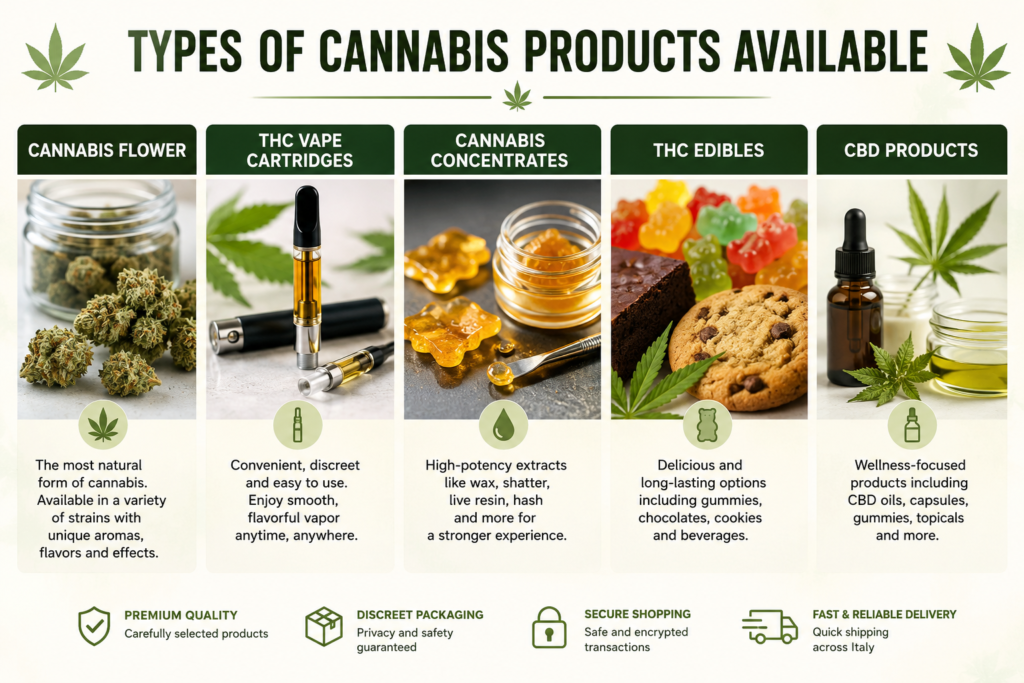 Learn how to buy cannabis online in Italy with this complete guide. Explore cannabis flower, THC vape cartridges, concentrates, edibles, CBD products, and expert tips for informed online shopping.